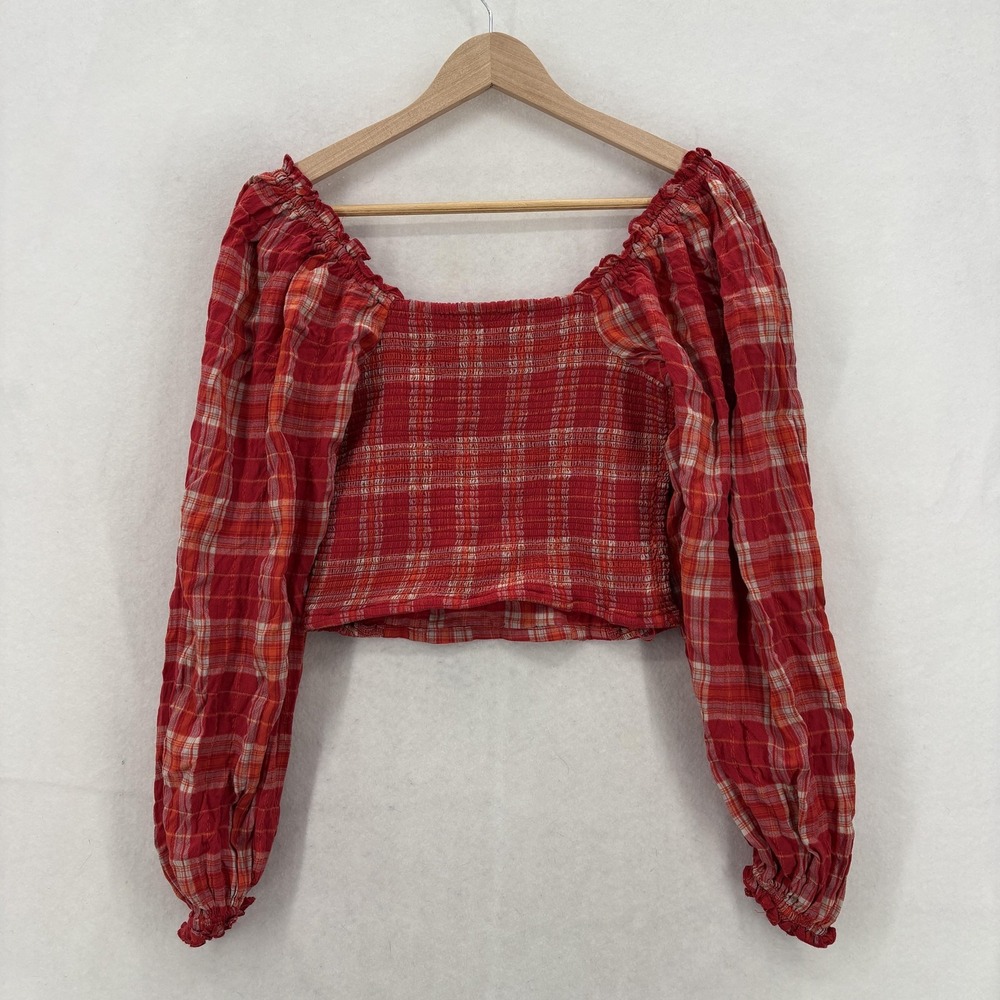 Free People Cherry Bomb Blouse Womens XS Red Plaid Off Shoulder Crop Babydoll - Picture 13 of 14